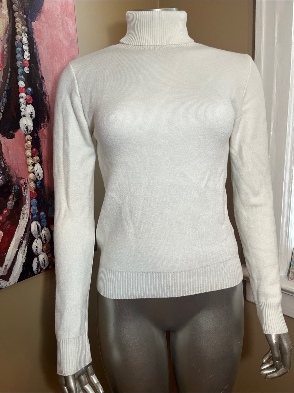 SHEIN Cream white ivory Turtleneck Sweater Slim Fit Rib Trim fur furry warm sz m